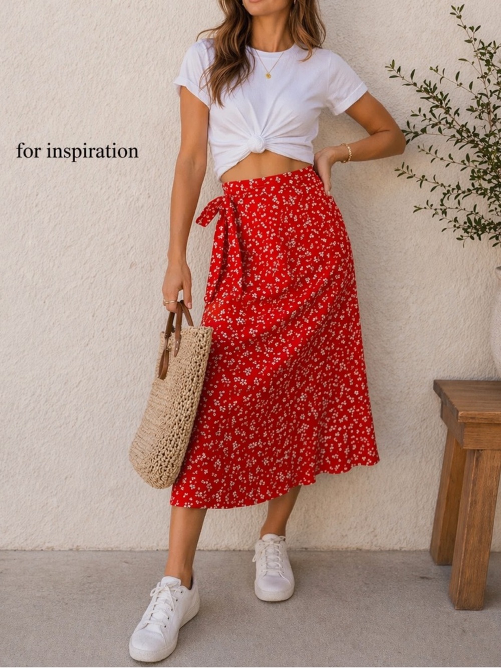 Rachel Zoe Red Floral Midi Skirt High Waist Elastic Tie Boho Summer Size 4
